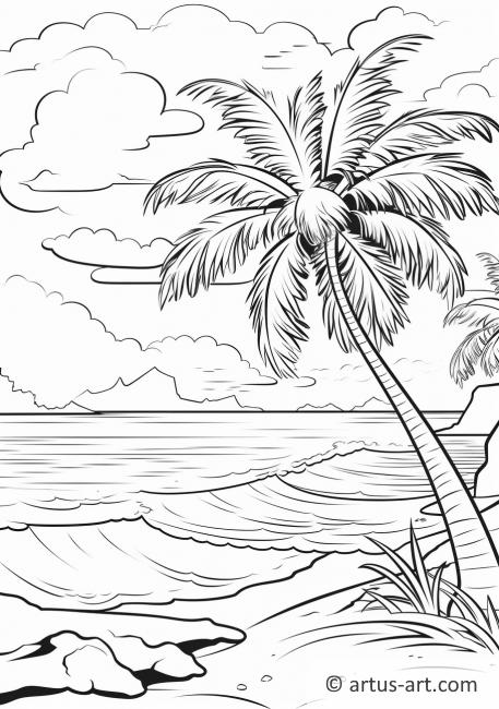 Pagina da colorare di una palma di cocco su una spiaggia tropicale